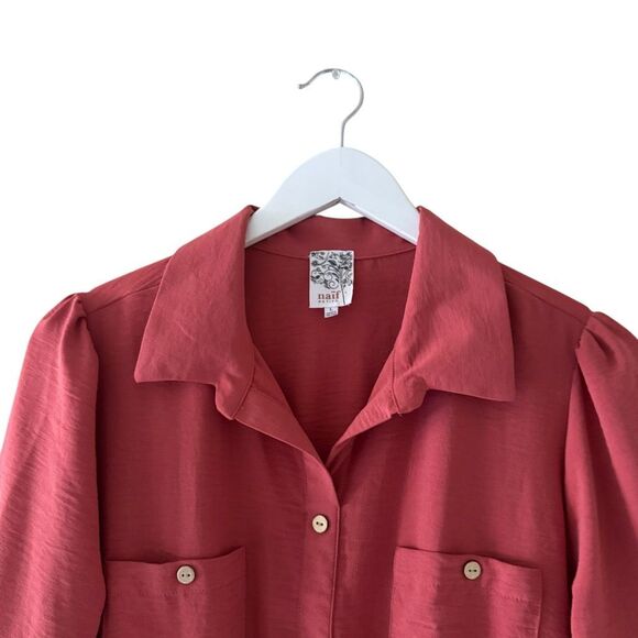 Naïf red rust midi-length dress collared neckline button-front closure 3/4 lengt - Picture 2 of 11